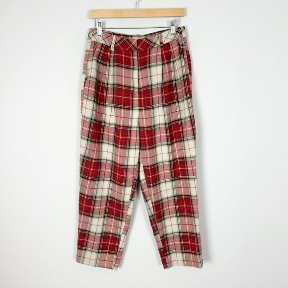 NEW H&M Red Tarttan Plaid Pleated Pants Tapered Leg Holiday Size 8 Women's - Picture 1 of 4